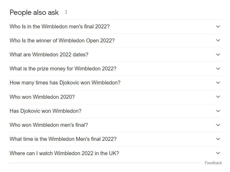 People Also Ask from Wimbledon 2022 search at Google